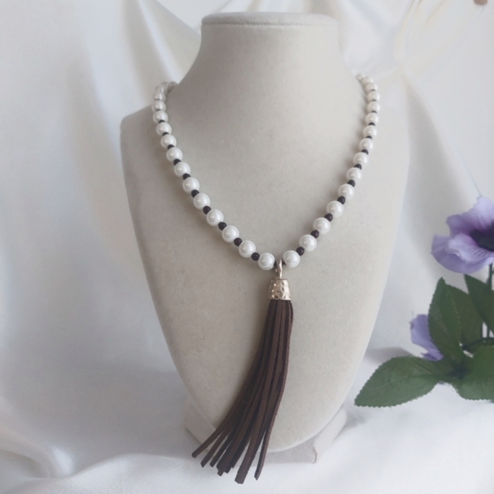 Boho Dressy Necklace Brown Leather Cord Tassel Pendant White Glass Beads 22" EUC